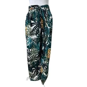 Breeze Ever Wide Leg Paper Bag Waist Tropical Print Hawaiian Pants Size Medium
